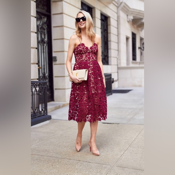 Self-Portrait Azaelea Lace Midi Dress Burgundy Size US 8 - Picture 2 of 10
